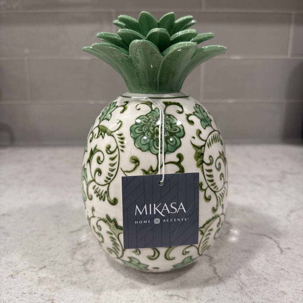 MIKASA Home Accents 8 x 5” Green & White Chinoiserie Ceramic PINEAPPLE Decor New